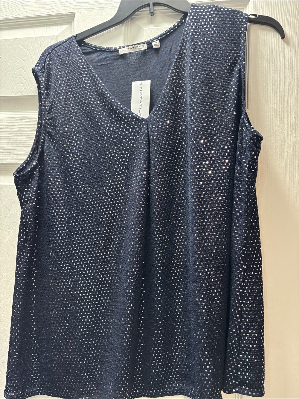 Notations Navy Sleeveless V-Neck Top with Silver Sparkle